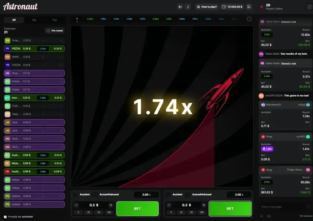 Astronaut Crash Game gameplay screen with 1.74x multiplier and betting panel