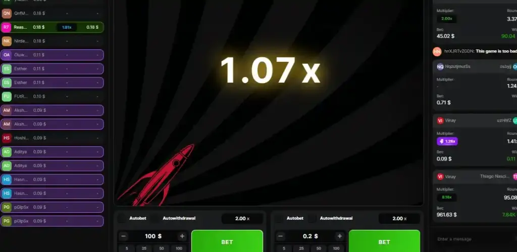 Astronaut Crash Game round showing 1.07x crash multiplier on desktop
