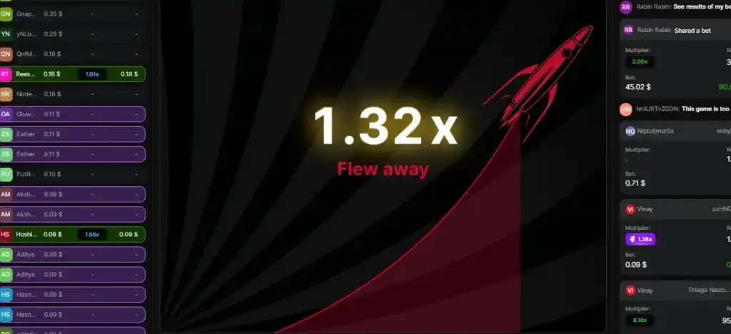 Astronaut Crash Game interface with 1.32x multiplier and live betting history