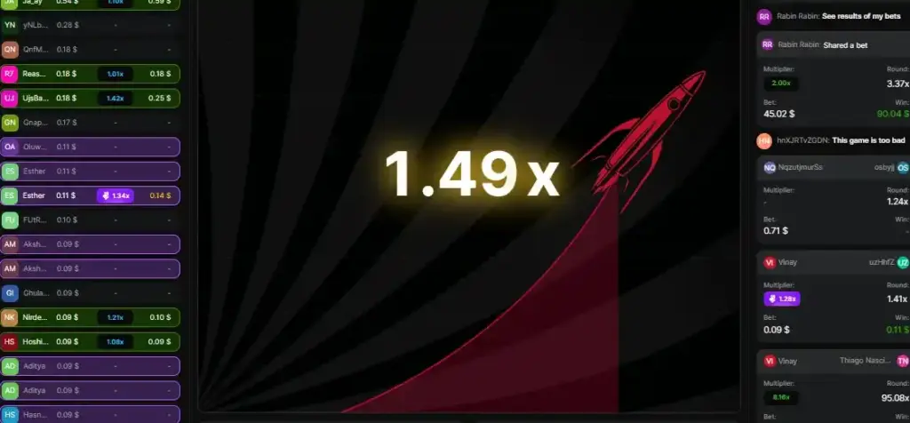 Astronaut Crash Game screenshot showing 1.49x multiplier during live round