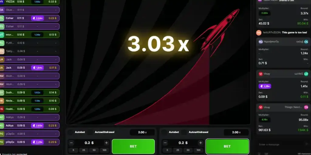 Astronaut Crash Game betting interface with 3.03x multiplier and auto cashout options